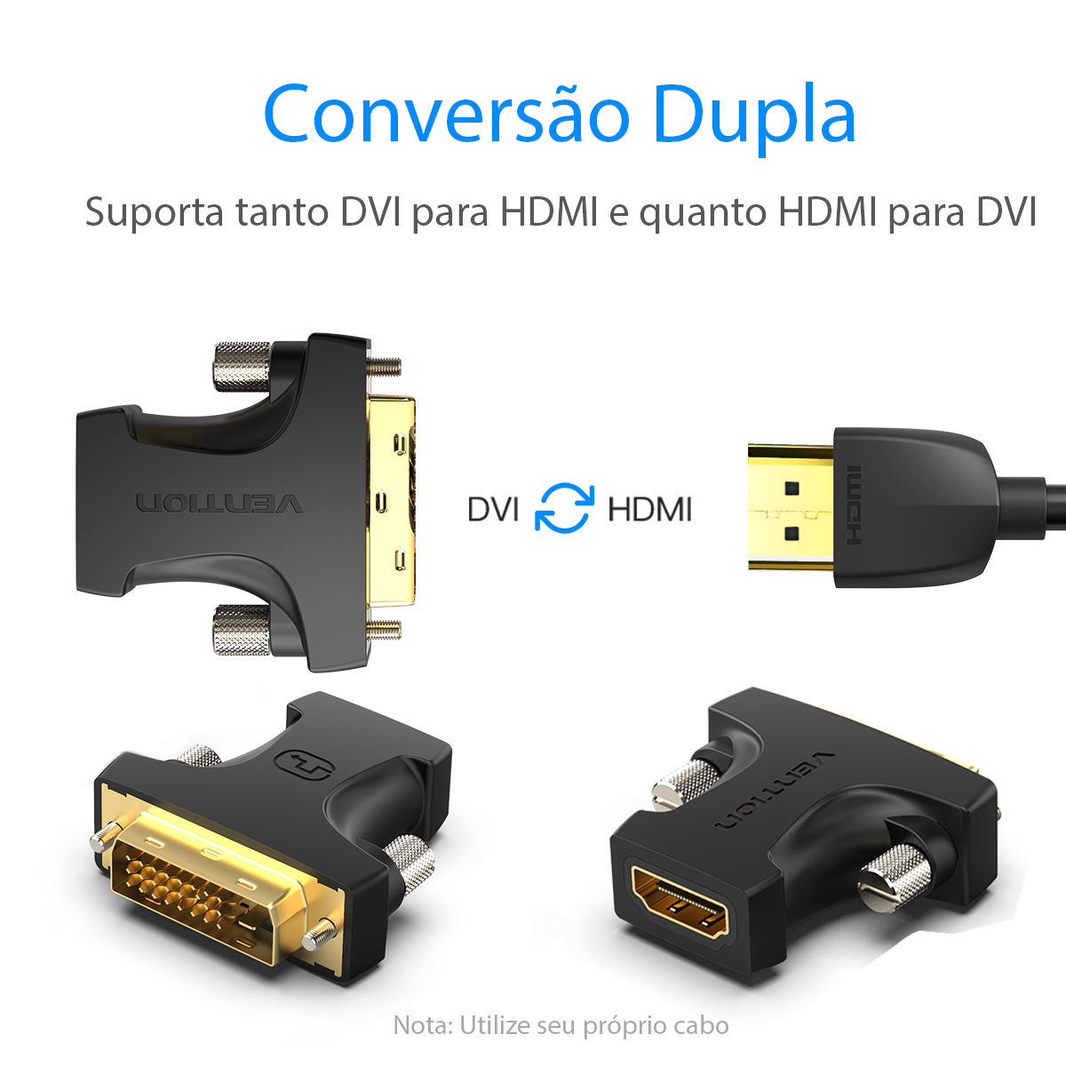 Adaptador Conversor DVI 24+1 Macho para HDMI Fêmea 1080p Full HD Bidirecional Plug & Play - Vention - Imagem 3